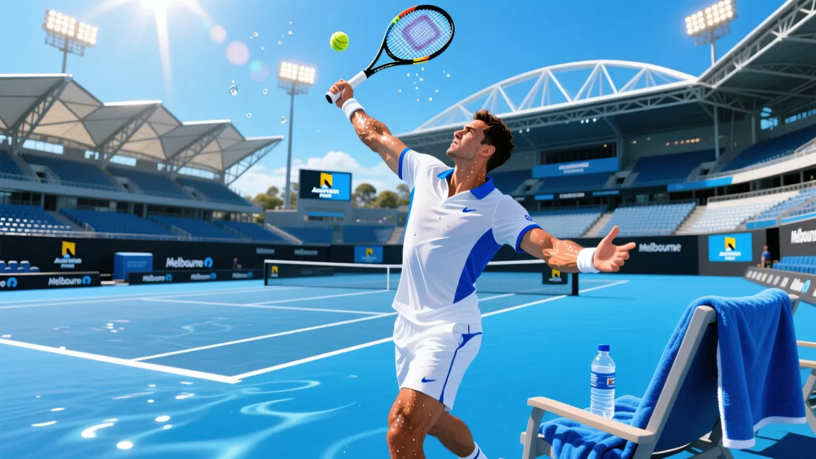 Australian Open tennis tournament showing blue hard court with intense summer heat conditions and Melbourne Park stadium
