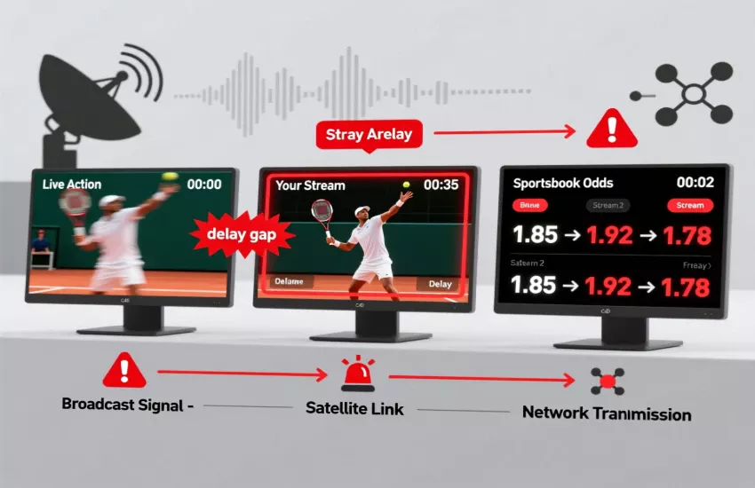 Feed delay diagram showing time lag between live tennis action, streaming feeds and sportsbook odds updates