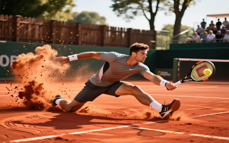 Professional tennis player executing sliding technique on red clay court with visible dust cloud and athletic movement