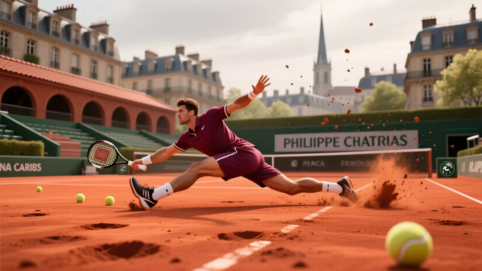 French Open Roland Garros showing iconic red clay court with player sliding and Parisian architecture background