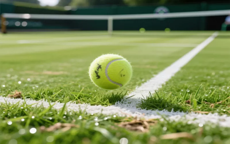 Tennis ball bouncing low on pristine Wimbledon grass court surface showing characteristic low bounce and green grass texture