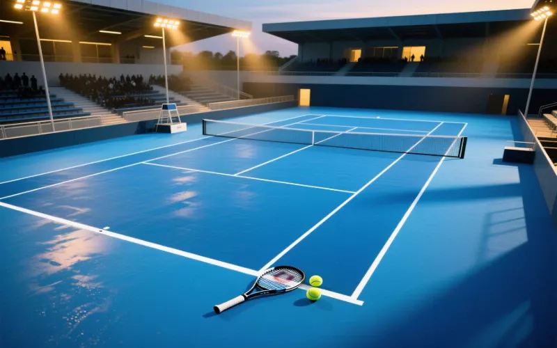 Aerial view of modern blue hard court tennis surface in professional stadium with crisp white lines and evening lighting