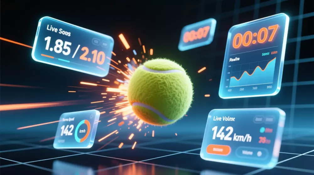 Dynamic visualization of live tennis betting with real-time odds, momentum indicators, and action elements