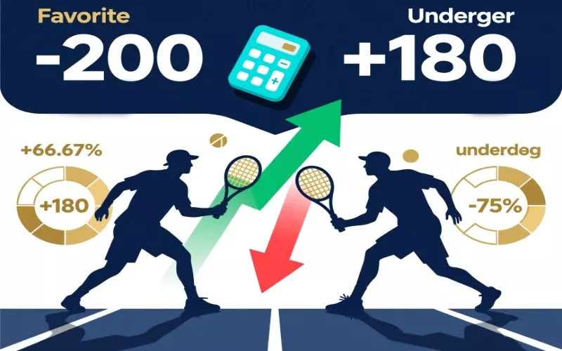 Tennis moneyline betting odds calculation infographic showing favorite and underdog odds with break-even percentages