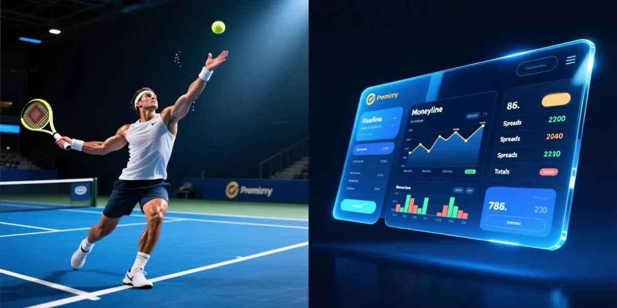 Tennis betting markets guide showing professional tennis player and digital betting interface with odds and statistics