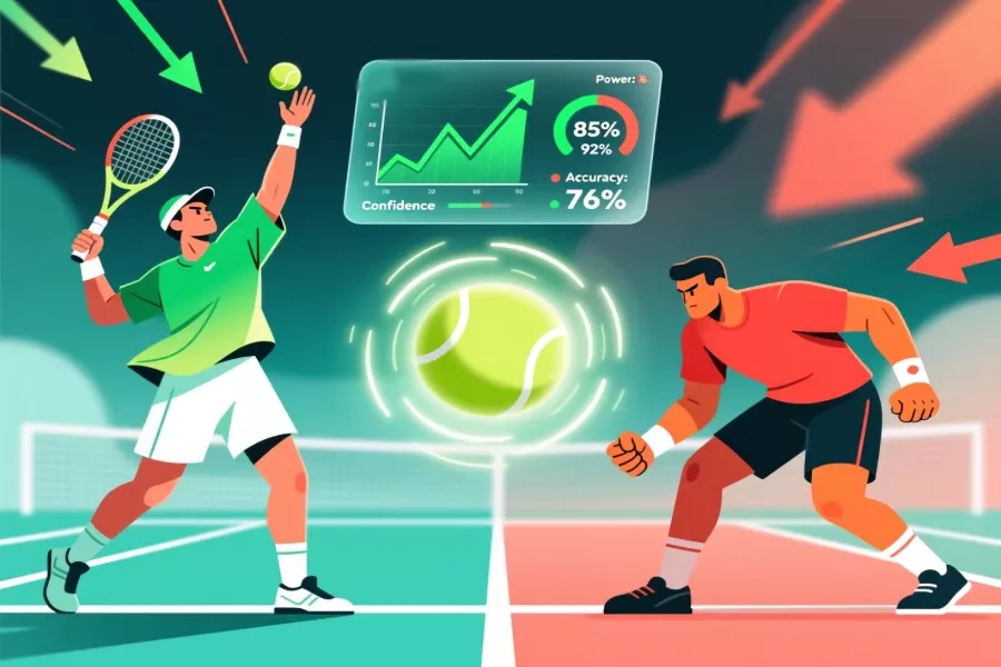 Tennis match momentum indicators showing positive and negative momentum shifts with player body language analysis