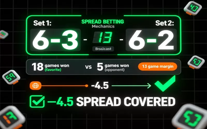 Tennis spread betting diagram showing game count calculation and spread coverage with scoreboard example