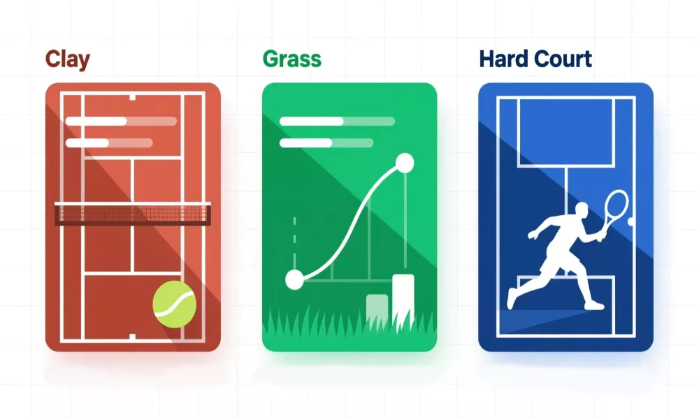 Infographic comparing clay, grass, and hard court tennis surfaces with speed indicators, ball bounce patterns, and player movement characteristics