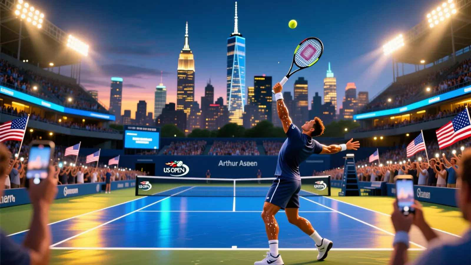 US Open tennis tournament showing blue hard court at Arthur Ashe Stadium with evening lights and New York City skyline