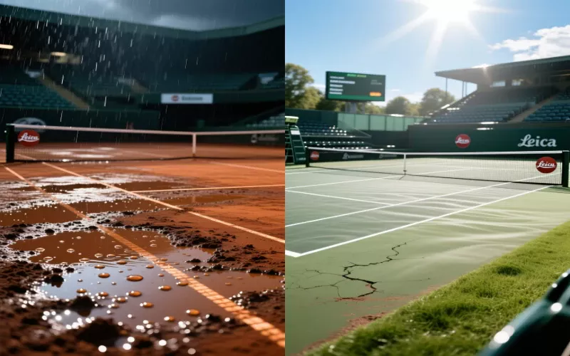 Split image showing weather effects on tennis courts: wet clay court with rain on left and sunny hard court with heat shimmer on right