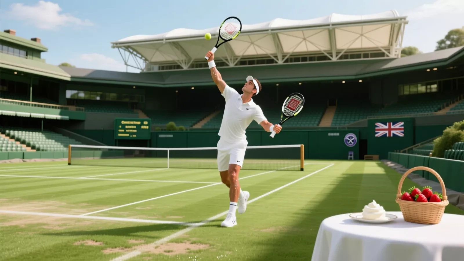 Wimbledon Championships featuring pristine green grass court with player in traditional white outfit and Centre Court architecture